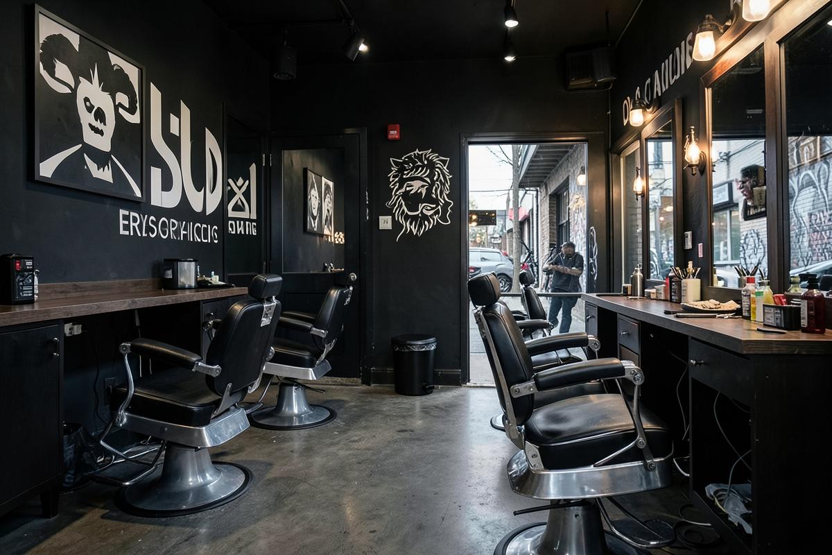 Knowledge Barbers website and branded Vancouver barbershop interior
